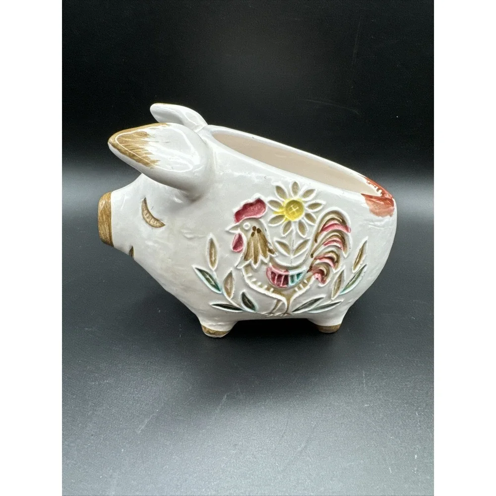 Vintage Napcoware Happy Piggy Planter with Rooster Design Succulent Kitsch White